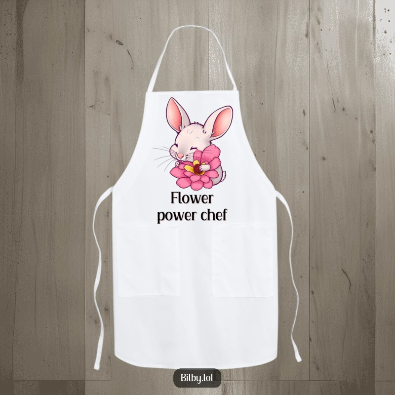 Funny bilby with long ears twitching, excitedly sniffing a large, colorful flower on a kitchen apron, ideal for a humorous and practical garden gift.
