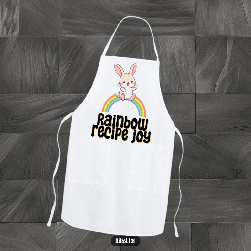 Funny bilby hopping joyfully over a small, sparkling rainbow arc on a kitchen apron, ideal for a humorous and magical cooking gift.