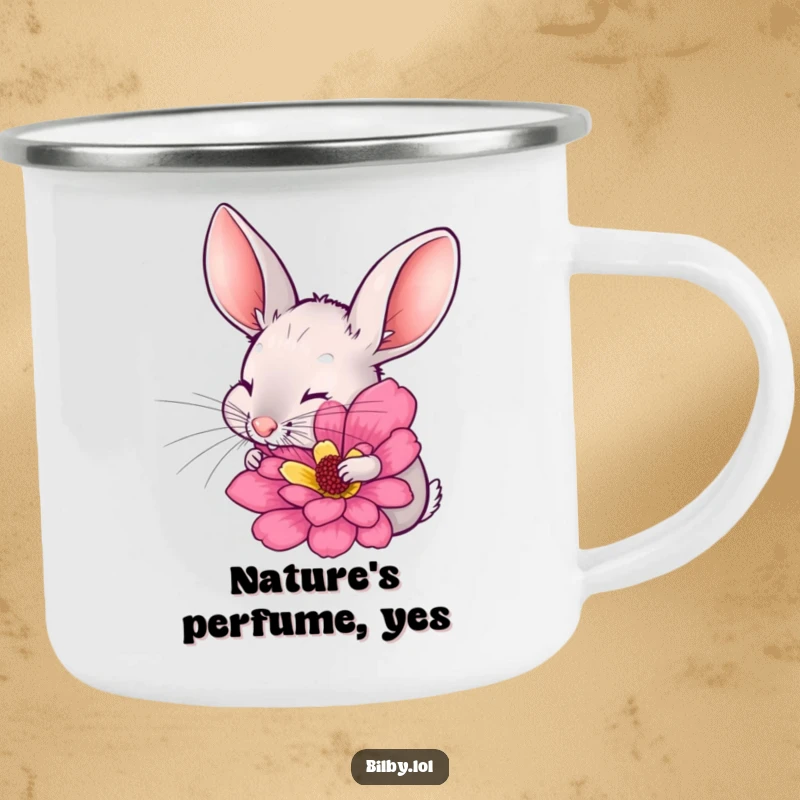 Funny bilby with long ears twitching, excitedly sniffing a large, colorful flower on a camping mug, built for adventure and floral humor as a gift.