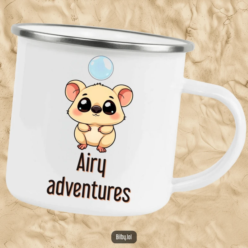 Funny camping mug with a chubby marsupial with large eyes tipping its head curiously towards a floating bubble.