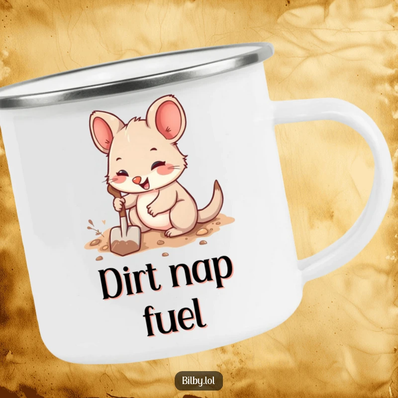 Funny camping mug with a cute, fuzzy marsupial with large ears joyfully digging a burrow with a tiny shovel outdoors.