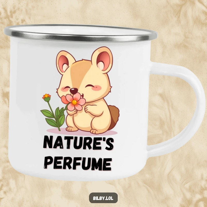 Funny camping mug with an adorable marsupial character with a twitching nose happily sniffing a blooming flower.