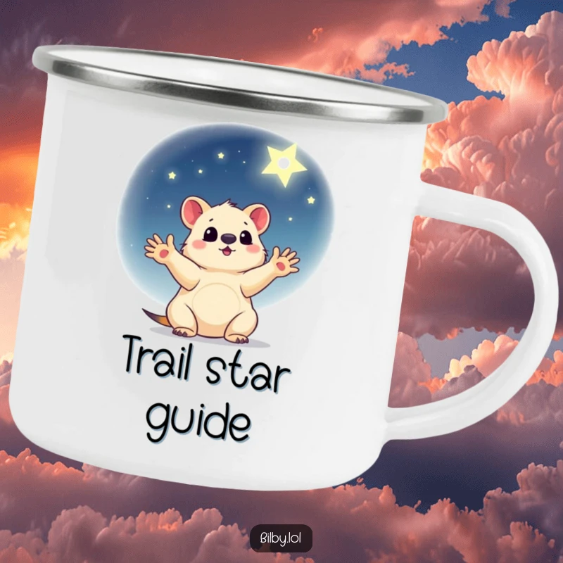 Funny camping mug with a little marsupial, paws outstretched, reaching for a shining star in a gentle night sky.
