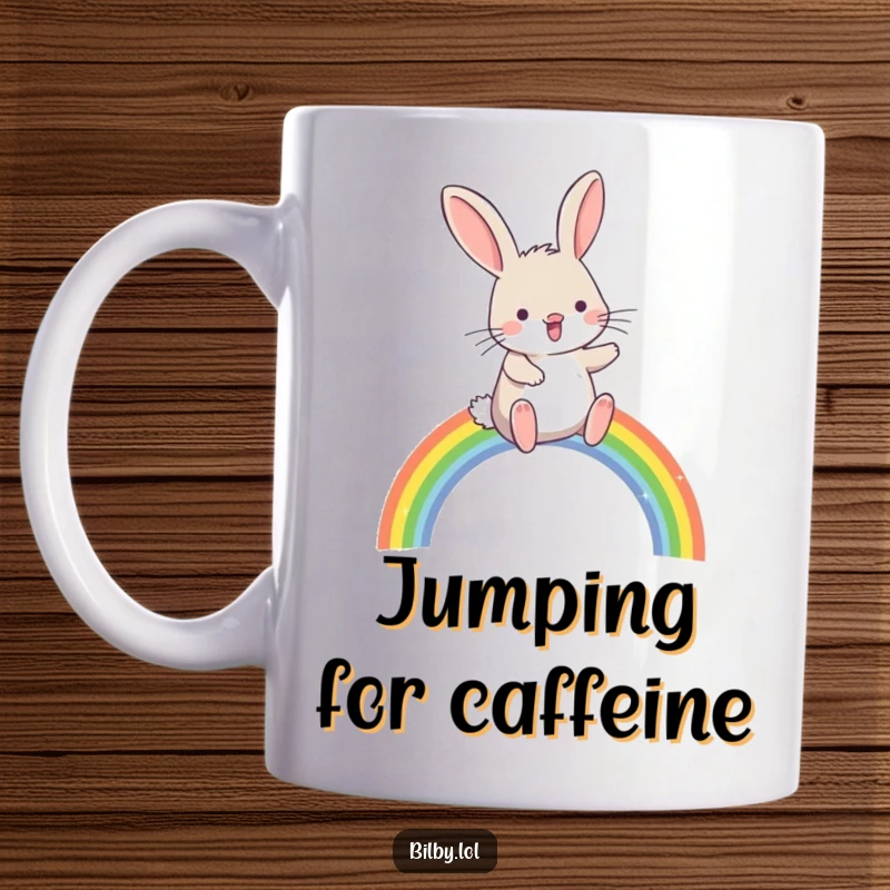 Funny bilby hopping joyfully over a small, sparkling rainbow arc on a mug, ideal for a humorous and magical gift.