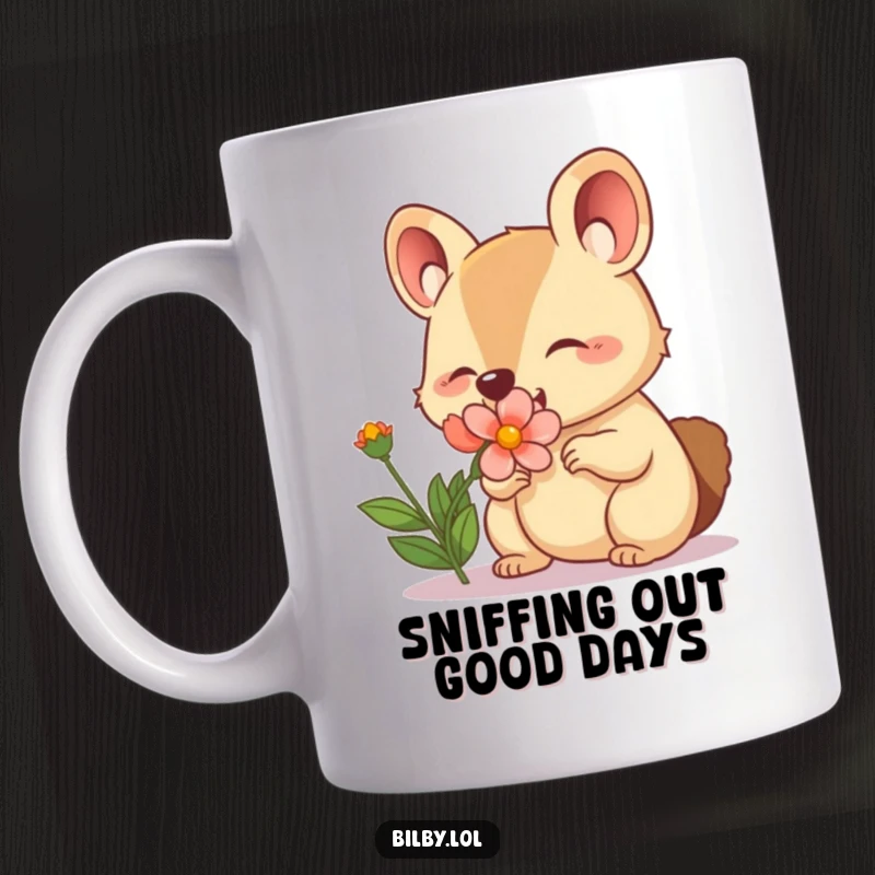 Funny mug featuring an adorable marsupial character with a twitching nose happily sniffing a delicate blooming flower.