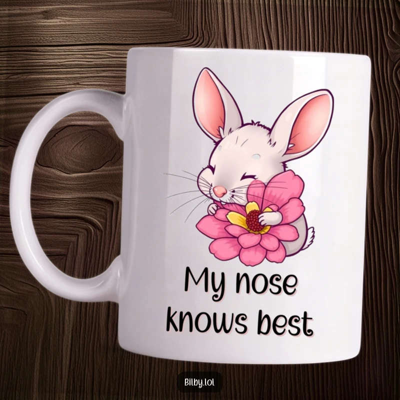 Funny bilby with long ears twitching, excitedly sniffing a large, colorful flower on a mug, ideal for a humorous nature lover's gift.