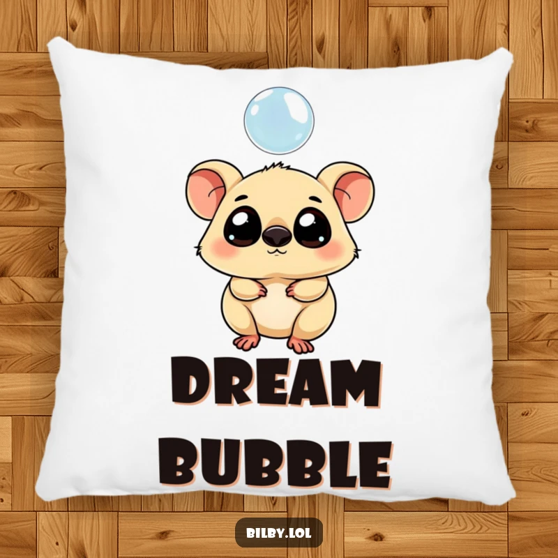 Funny pillow featuring a chubby marsupial with large eyes tipping its head curiously towards a floating bubble.