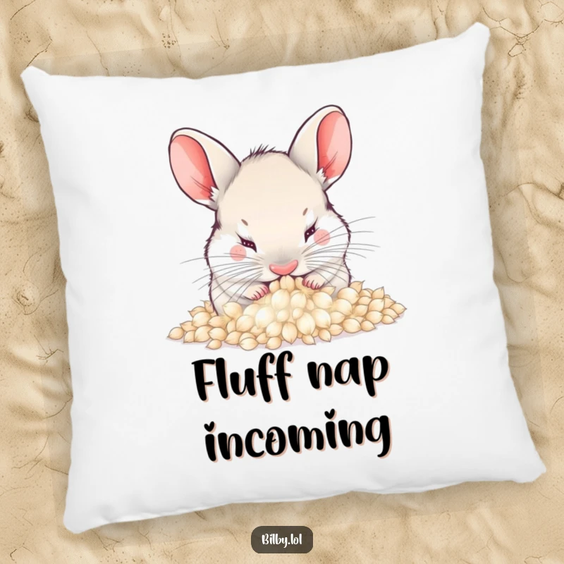 Funny bilby burying its nose in a pile of soft, fluffy dandelion seeds on a soft pillow, offering comfort and humorous fluffy charm as a gift.