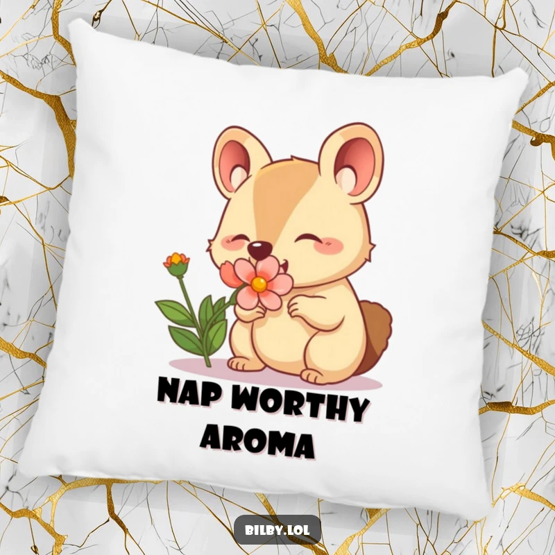 Funny pillow featuring an adorable marsupial character with a twitching nose happily sniffing a blooming flower.
