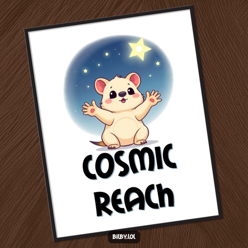 Funny digital art print of a little marsupial with paws outstretched, reaching for a shining star in a gentle night sky.