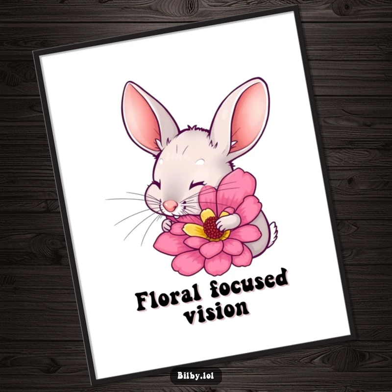 Funny bilby with long ears twitching, excitedly sniffing a large, colorful flower illustration as a digital art print, providing instant humorous floral decor as a gift.