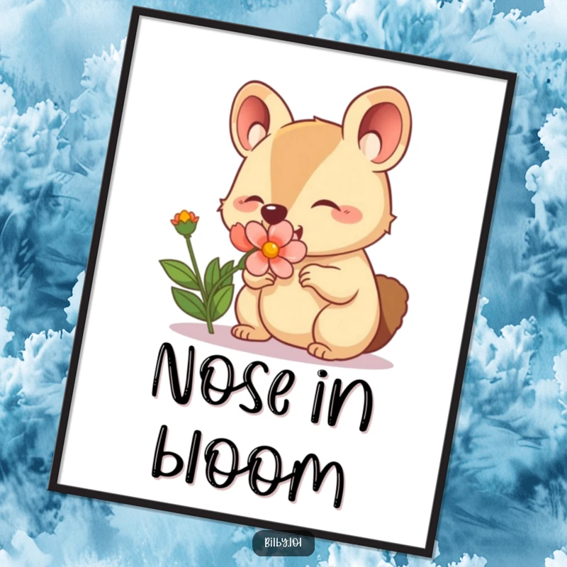 Funny digital art print of an adorable marsupial character with a twitching nose happily sniffing a blooming flower.