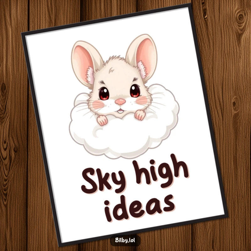 Funny bilby peeking from a fluffy cloud with wide, curious eyes illustration as a digital art print, providing instant humorous decor as a gift.