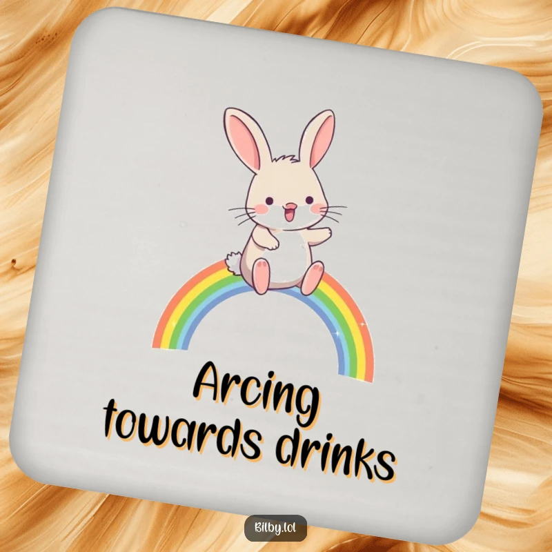 Funny bilby hopping joyfully over a small, sparkling rainbow arc on a drink coaster, adding humorous magical protection to surfaces as a gift.