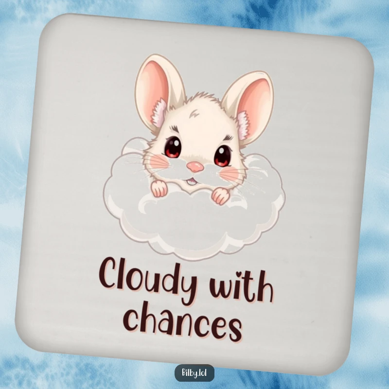 Funny bilby peeking from a fluffy cloud with wide, curious eyes on a drink coaster, adding humorous protection to surfaces as a gift.