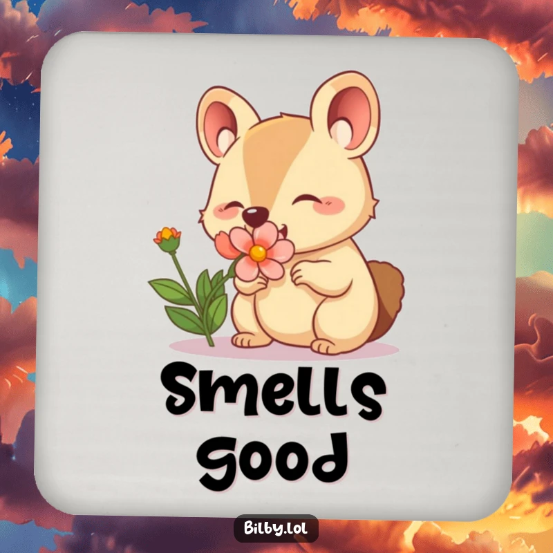 Funny drink coaster with an adorable marsupial character with a twitching nose happily sniffing a blooming flower.