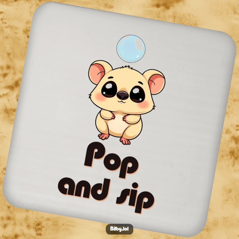 Funny drink coaster with a chubby marsupial with large eyes tipping its head curiously towards a floating bubble.