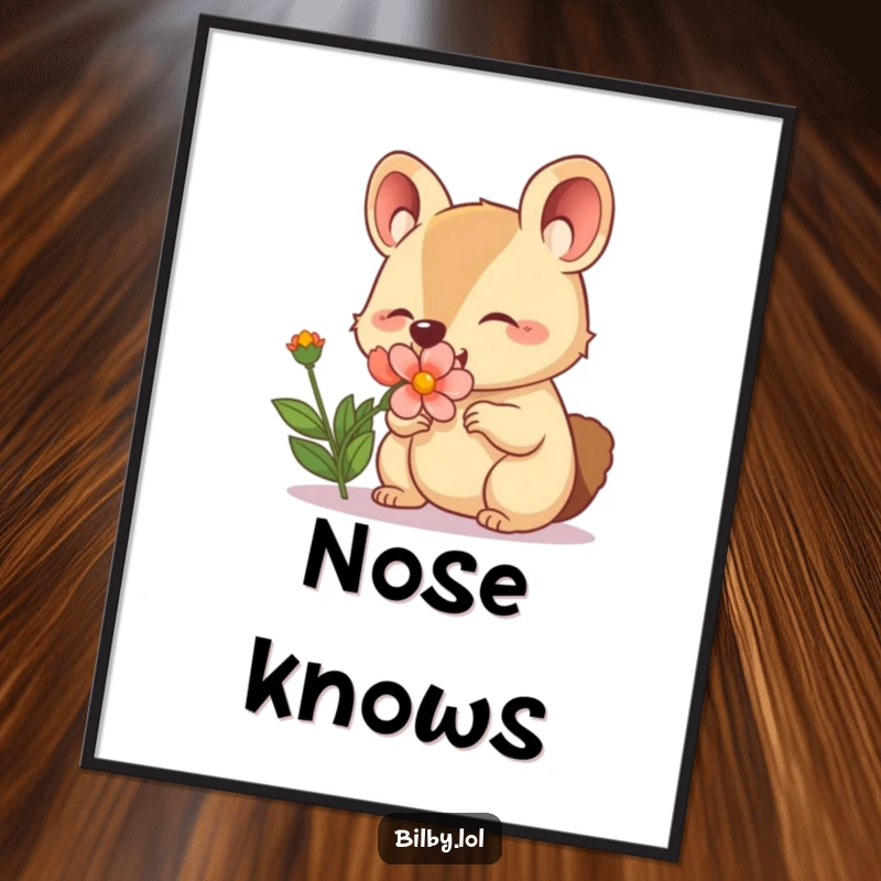 Funny poster of an adorable marsupial character with a twitching nose happily sniffing a blooming flower.