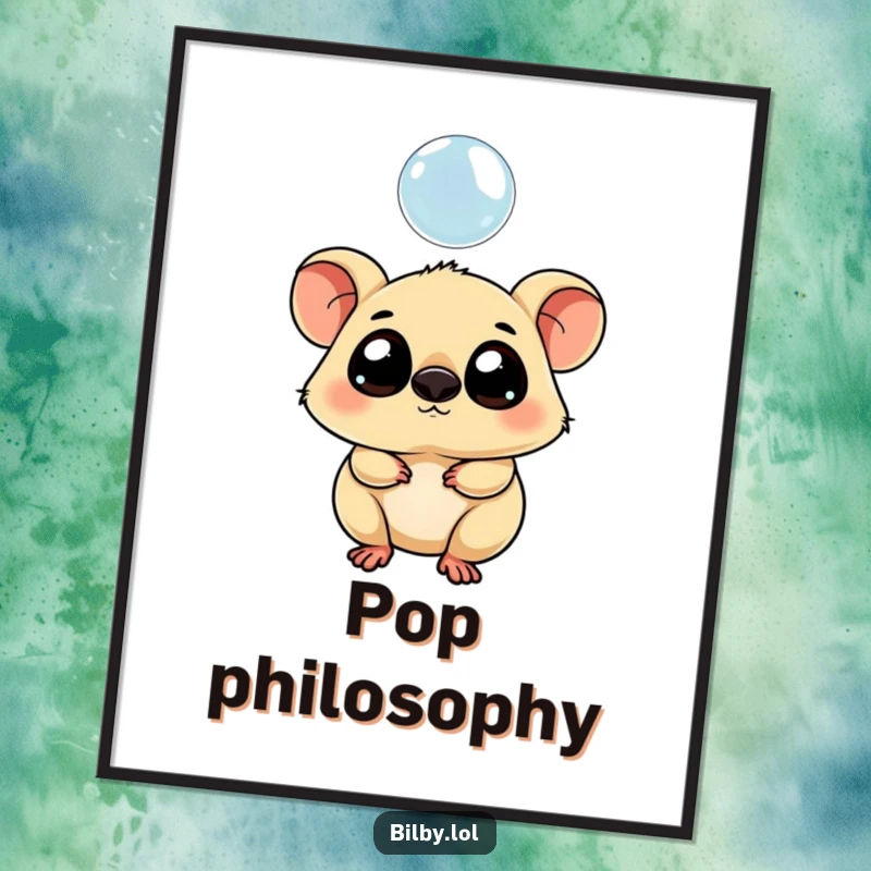 Funny poster of a chubby marsupial with large eyes tipping its head curiously towards a floating bubble.