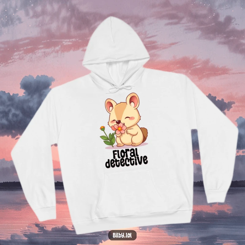 Funny hoodie featuring an adorable marsupial character with a twitching nose happily sniffing a blooming flower.
