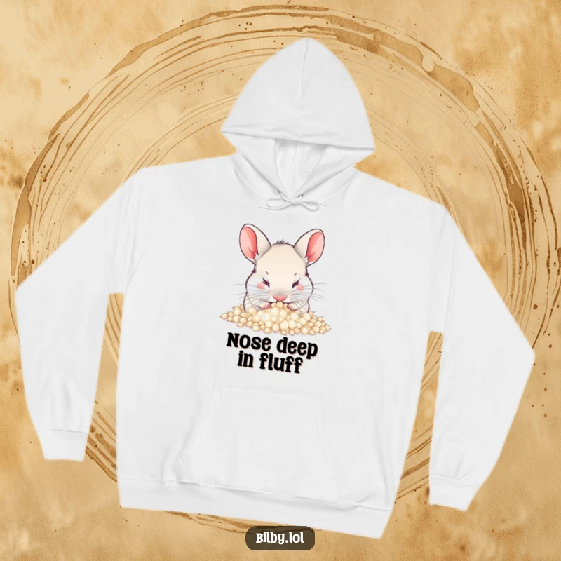 Funny bilby burying its nose in a pile of soft, fluffy dandelion seeds on a cozy hoodie, great for a humorous and comforting gift.