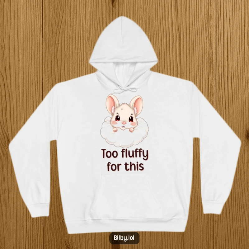 Funny bilby peeking from a fluffy cloud with wide, curious eyes on a cozy hoodie, designed for warmth and humorous appeal as a gift.