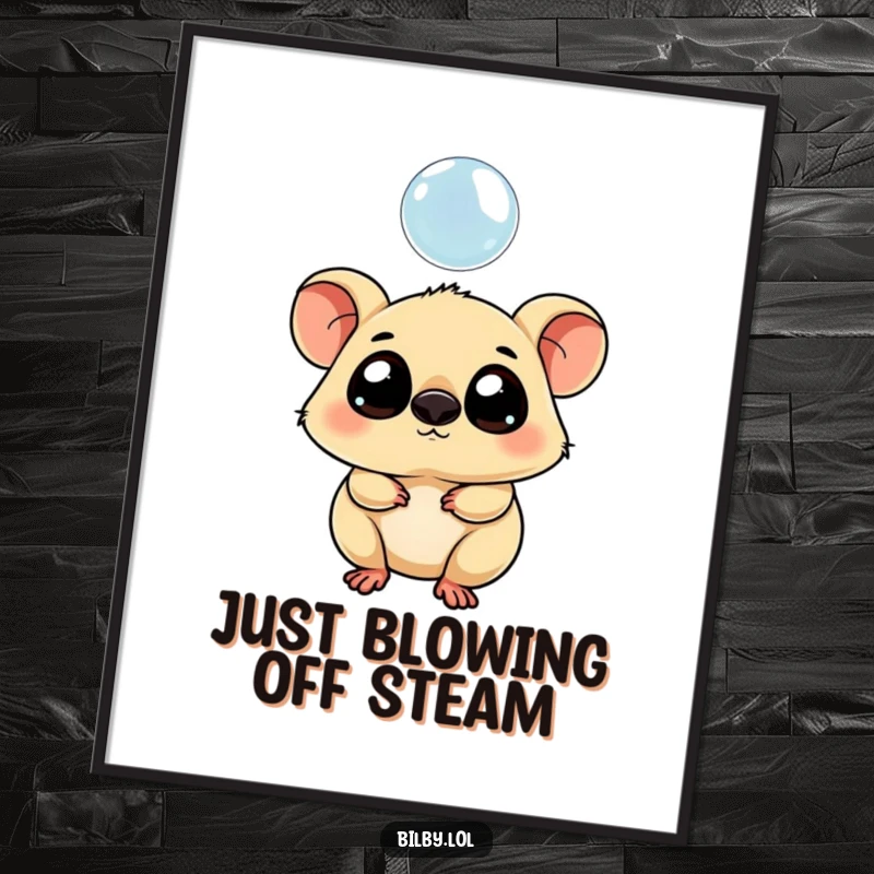 Funny Free Printable Wall Art of a chubby marsupial with large eyes curiously tipping its head towards a floating bubble.