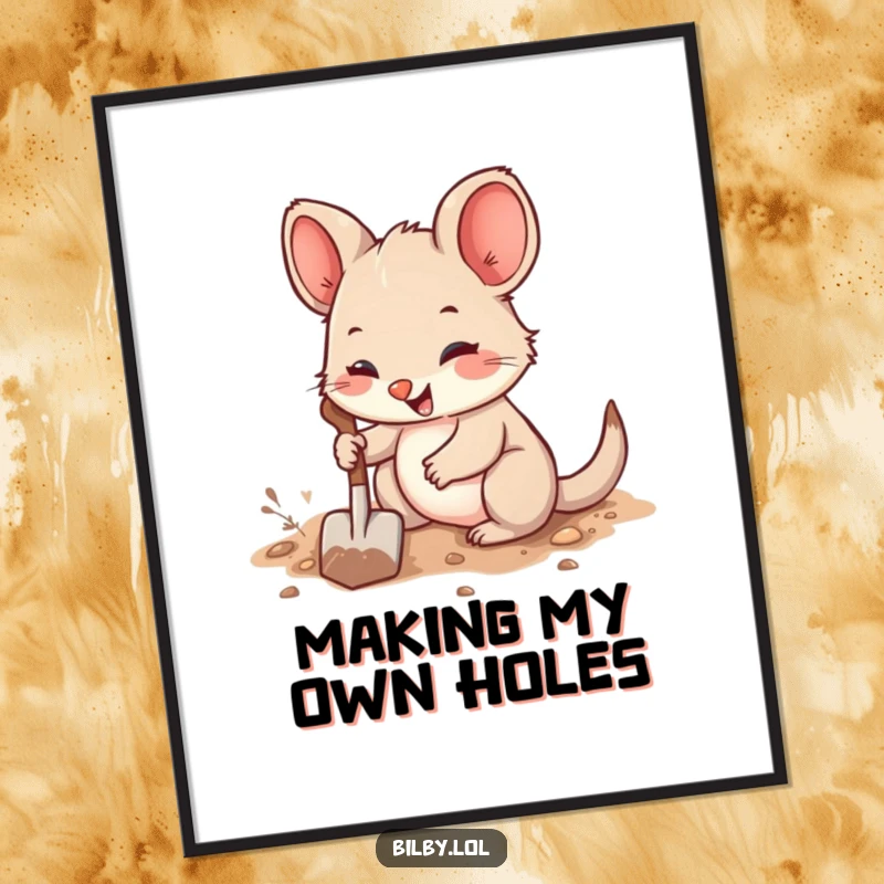 Funny Free Printable Wall Art of a cute fuzzy marsupial with big ears digging a joyful burrow with a tiny shovel.