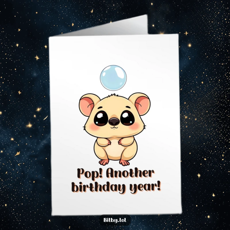 Funny Free Printable Birthday Card of a chubby marsupial curiously watching a floating bubble with large eyes.