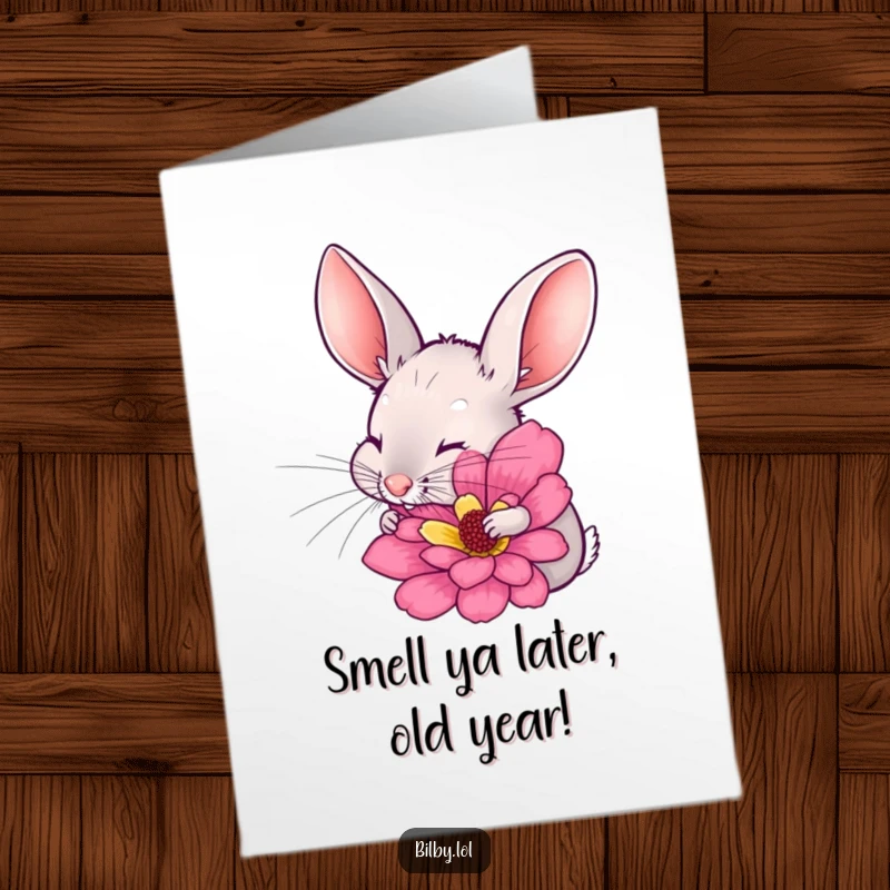 Funny Free Printable Bilby Birthday Card: Bilby with twitching ears sniffing a colorful flower, perfect downloadable gift.