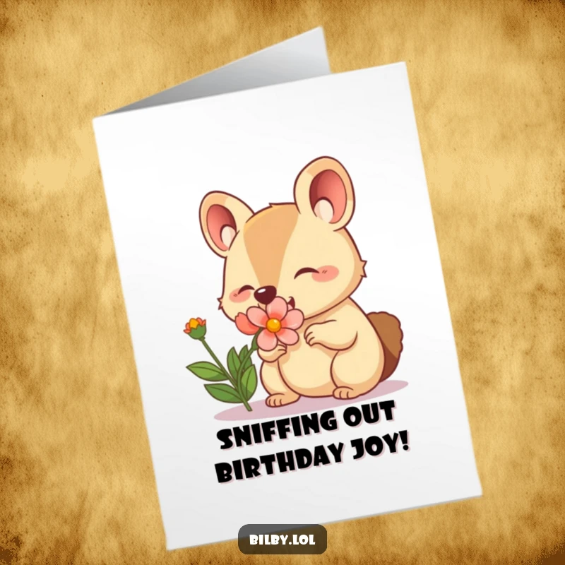 Funny Free Printable Birthday Card of an adorable marsupial with a twitching nose happily sniffing a blooming flower.