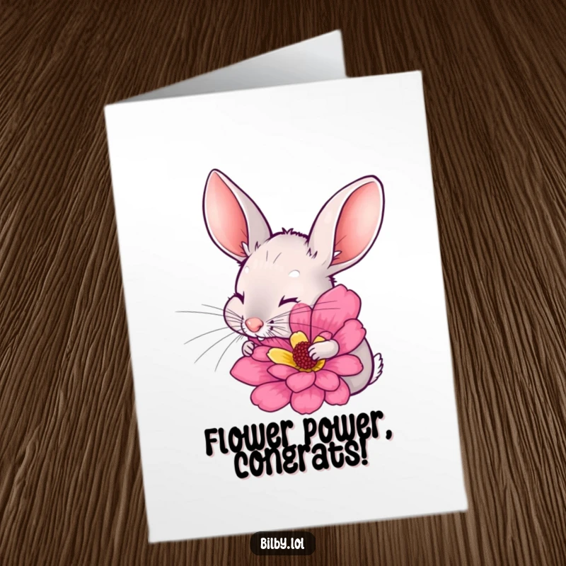 Funny Free Printable Bilby Congratulations Card: Bilby excitedly sniffing a large flower, long ears twitching, great DIY.