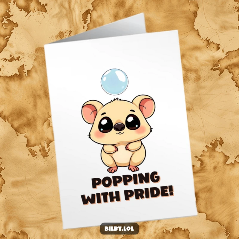 Funny Free Printable Congratulations Card showing a chubby marsupial with large eyes curiously tipping its head at a floating bubble.