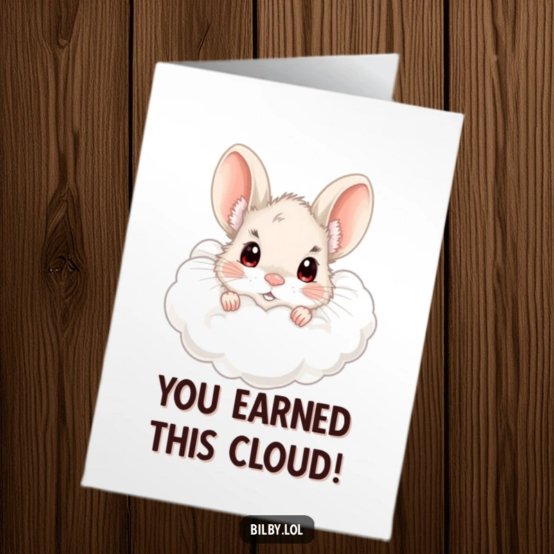 Funny Free Printable Bilby Congratulations Card: Cute fluffy bilby in a cloud, wide-eyed, perfect for a DIY card.