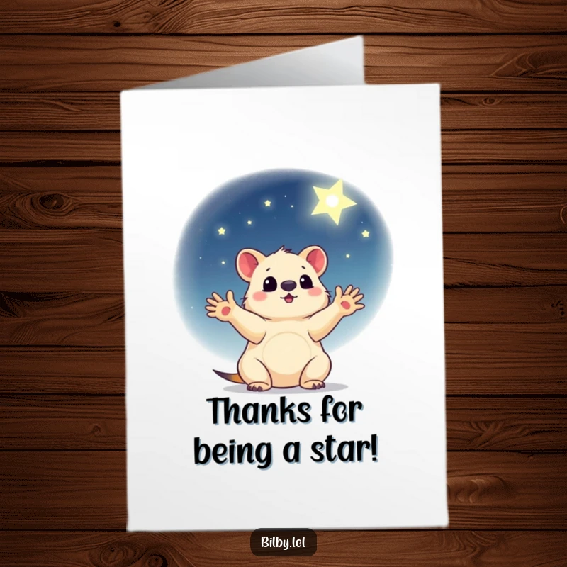 Funny Free Printable Thank You Card of a little marsupial reaching for a shining star in a gentle night sky.