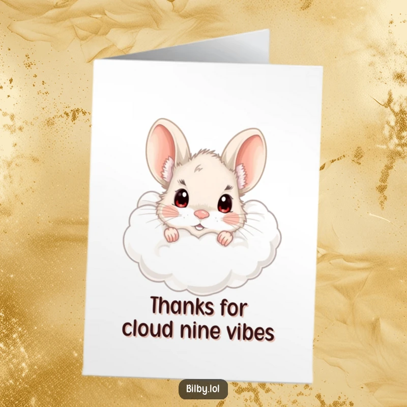 Funny Free Printable Bilby Thank You Card: Fluffy bilby peeking from a cloud, wide-eyed, great for DIY thank you.