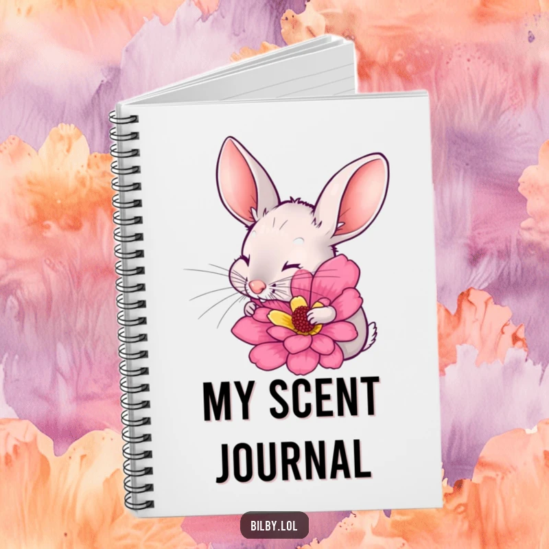 Funny bilby with long ears twitching, excitedly sniffing a large, colorful flower on a notebook cover, great for jotting down floral-inspired ideas as a gift.