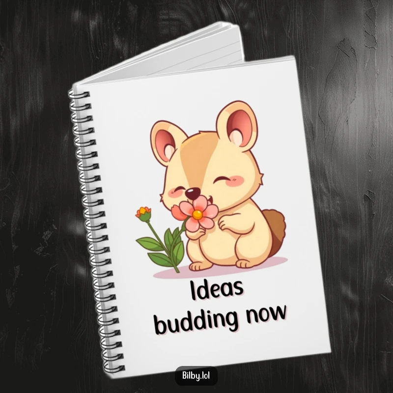 Funny notebook featuring an adorable marsupial character with a twitching nose happily sniffing a blooming flower.