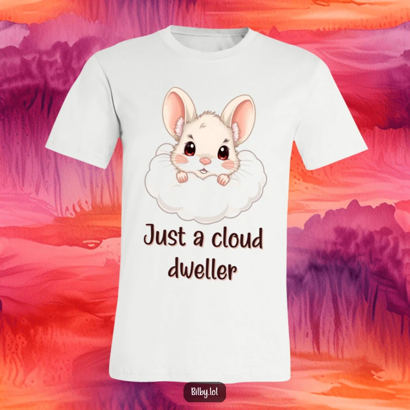 Funny bilby peeking from a fluffy cloud with wide, curious eyes print on a soft t-shirt, ideal for a cozy, funny gift.