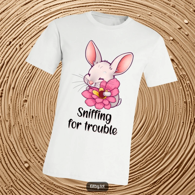 Funny bilby with long ears twitching, excitedly sniffing a large, colorful flower printed on a t-shirt, perfect for a humorous nature gift.