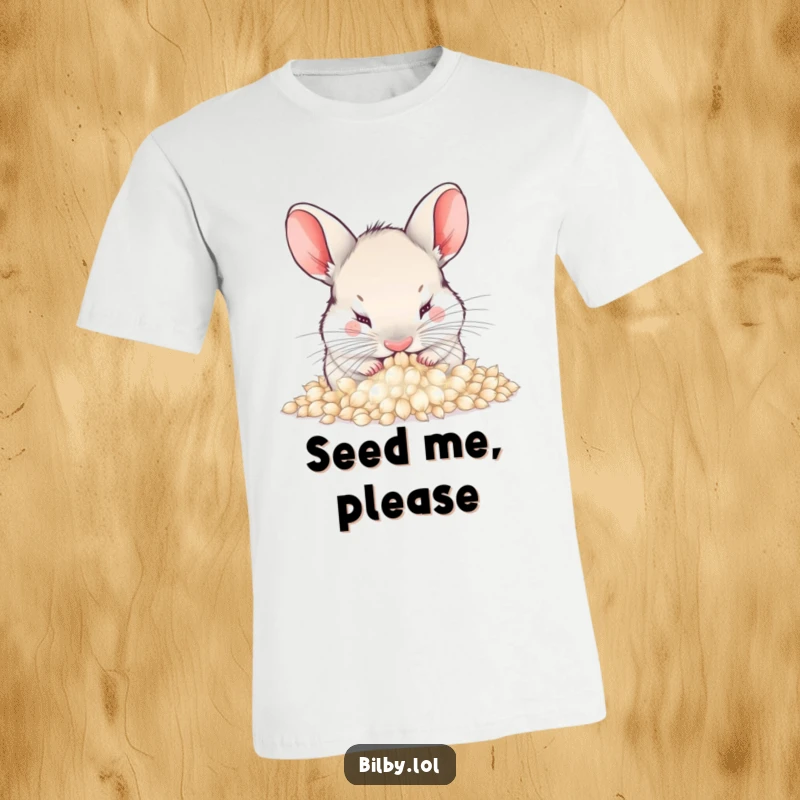 Funny bilby burying its nose in a pile of soft, fluffy dandelion seeds printed on a t-shirt, perfect for a humorous and cozy nature gift.