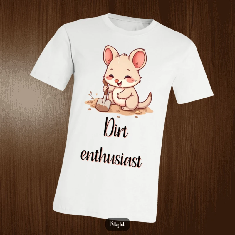 Funny t-shirt with a cute, fuzzy marsupial featuring large ears, joyfully digging a burrow with a tiny shovel.
