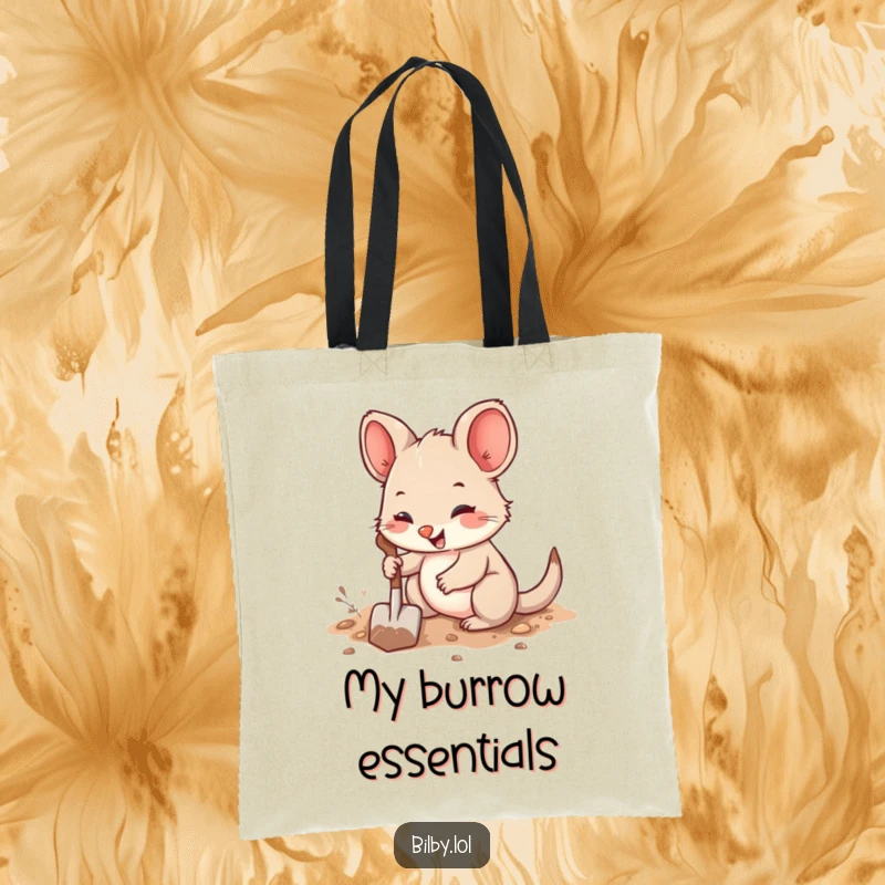 Funny tote bag illustrating a cute, fuzzy marsupial with large ears digging a burrow enthusiastically with a tiny shovel.