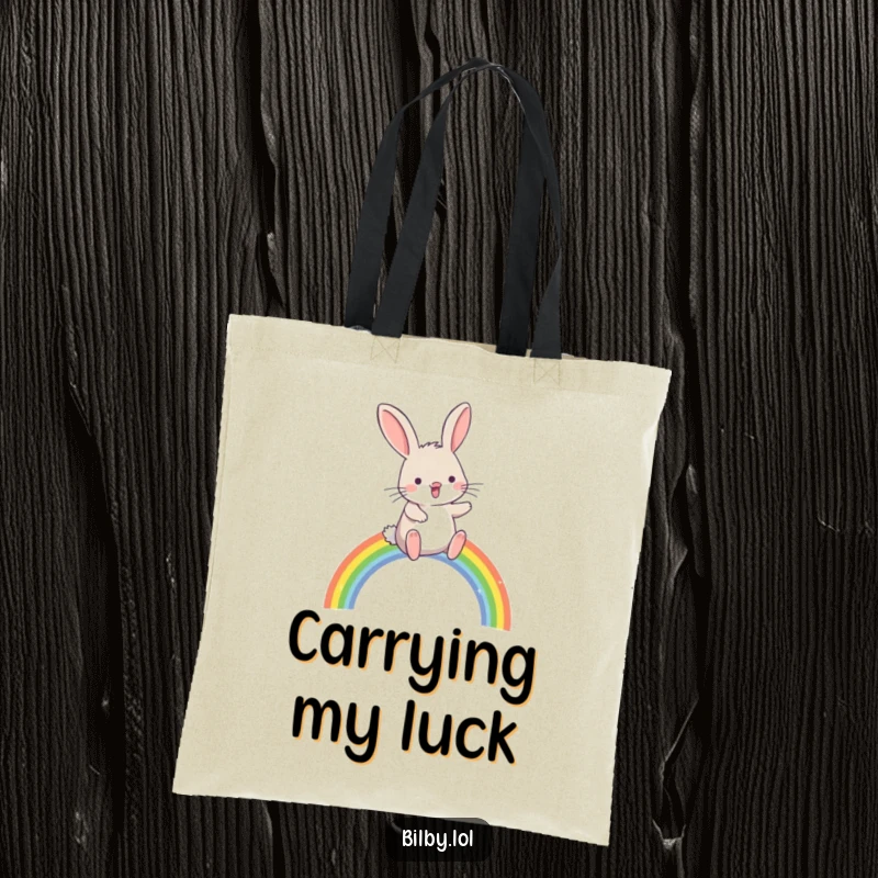 Funny bilby hopping joyfully over a small, sparkling rainbow arc on a durable tote bag, making a humorous and magical gift.