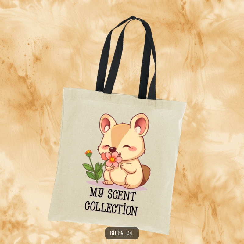 Funny tote bag with an adorable marsupial character with a twitching nose happily sniffing a blooming flower.
