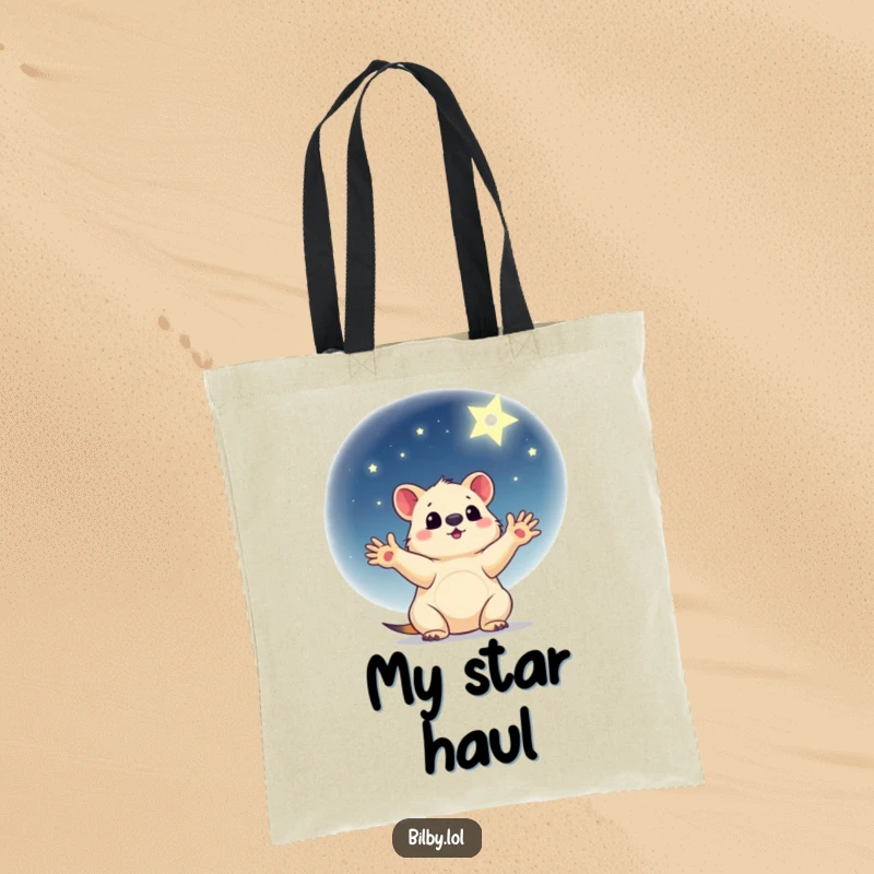 Funny tote bag with a little marsupial, paws outstretched, reaching for a shining star in a gentle night sky.
